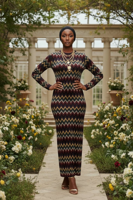 ZigZag Bold Print Winter Maxi Dress with Pockets - ZIZI Boutique