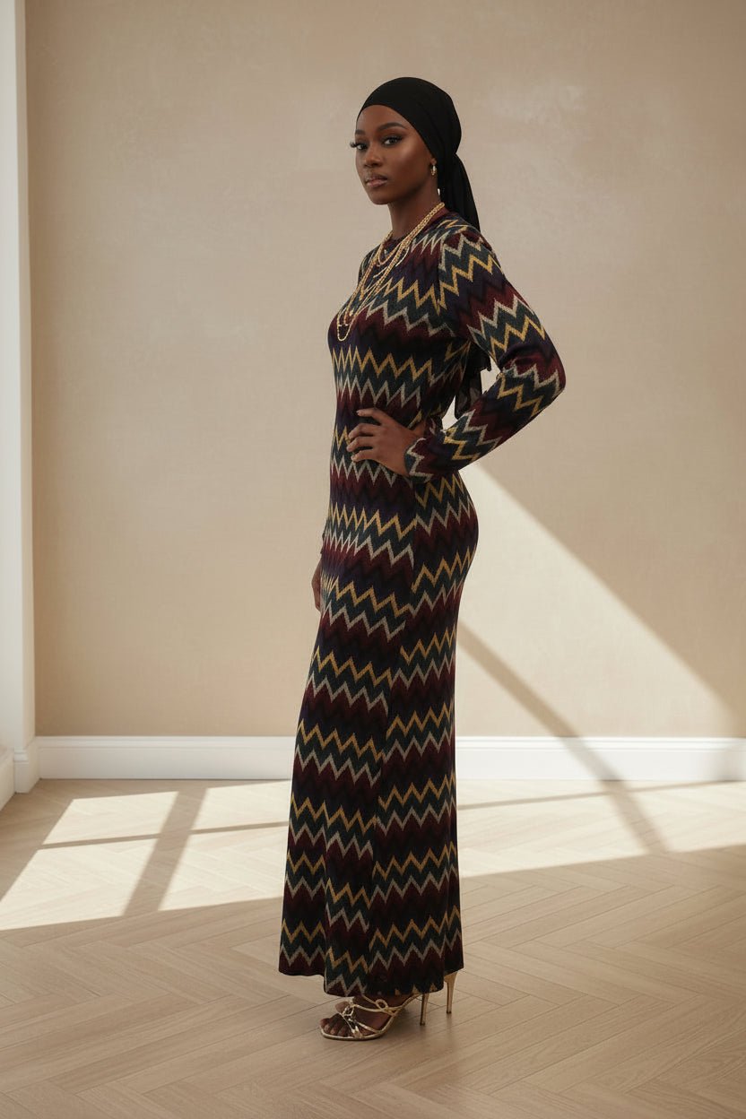 ZigZag Bold Print Winter Maxi Dress with Pockets - ZIZI Boutique