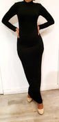 Elegant Zipper Maxi Dress in black with long sleeves, perfect for formal occasions and nightlife