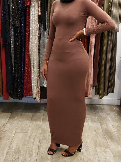 Stylish Zipper Maxi Dress in Brown with Long Sleeves, Perfect for Elegant Occasions