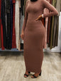 Stylish Zipper Maxi Dress in Brown with Long Sleeves, Perfect for Elegant Occasions