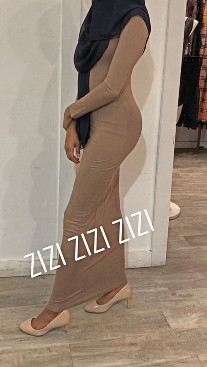 Zipper Maxi Dress from ZIZI Boutique in light brown with long sleeves and a form-fitting design