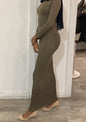 Zipper Maxi Dress in Olive Green, form-fitting with long sleeves, perfect for stylish occasions