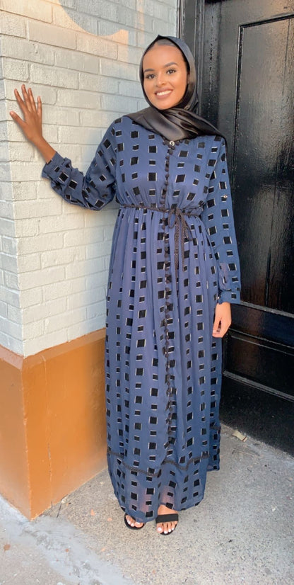 ZIZI Navy Maxi Dress with Square Pattern and Belted Waist for Elegant Style