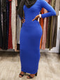 Model showcasing a Bodycon Zipper Maxi Dress Shapewear ZIZI Boutique in vibrant blue with a sleek silhouette
