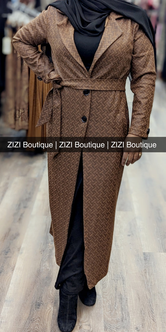 ZZ brown suede long coat with button closure and belt worn over black outfit