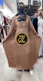 ZIZI Boutique Yani Stripe Butterfly Maxi Dress Modest Fashion in light brown worn by a model in a boutique