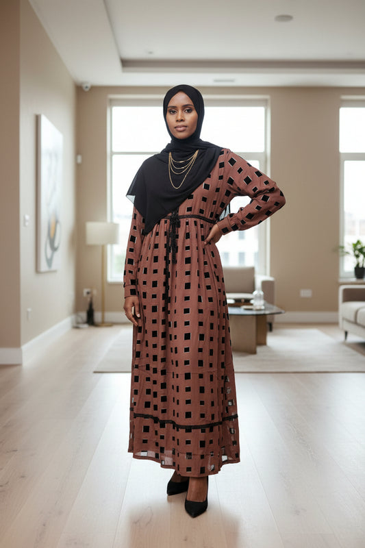 ZIZI Maxi Dress in Brown with Black Geometric Patterns and Long Sleeves for Elegant Style