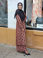 ZIZI Maxi Dress in Brown with Black Geometric Patterns and Long Sleeves for Elegant Style