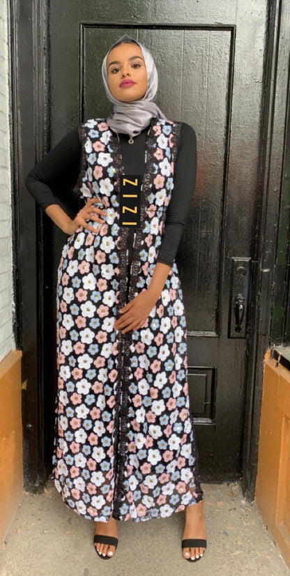 ZIZI Design Abaya Sleeveless Black Multicolor Flowers Maxi Dress with Floral Print