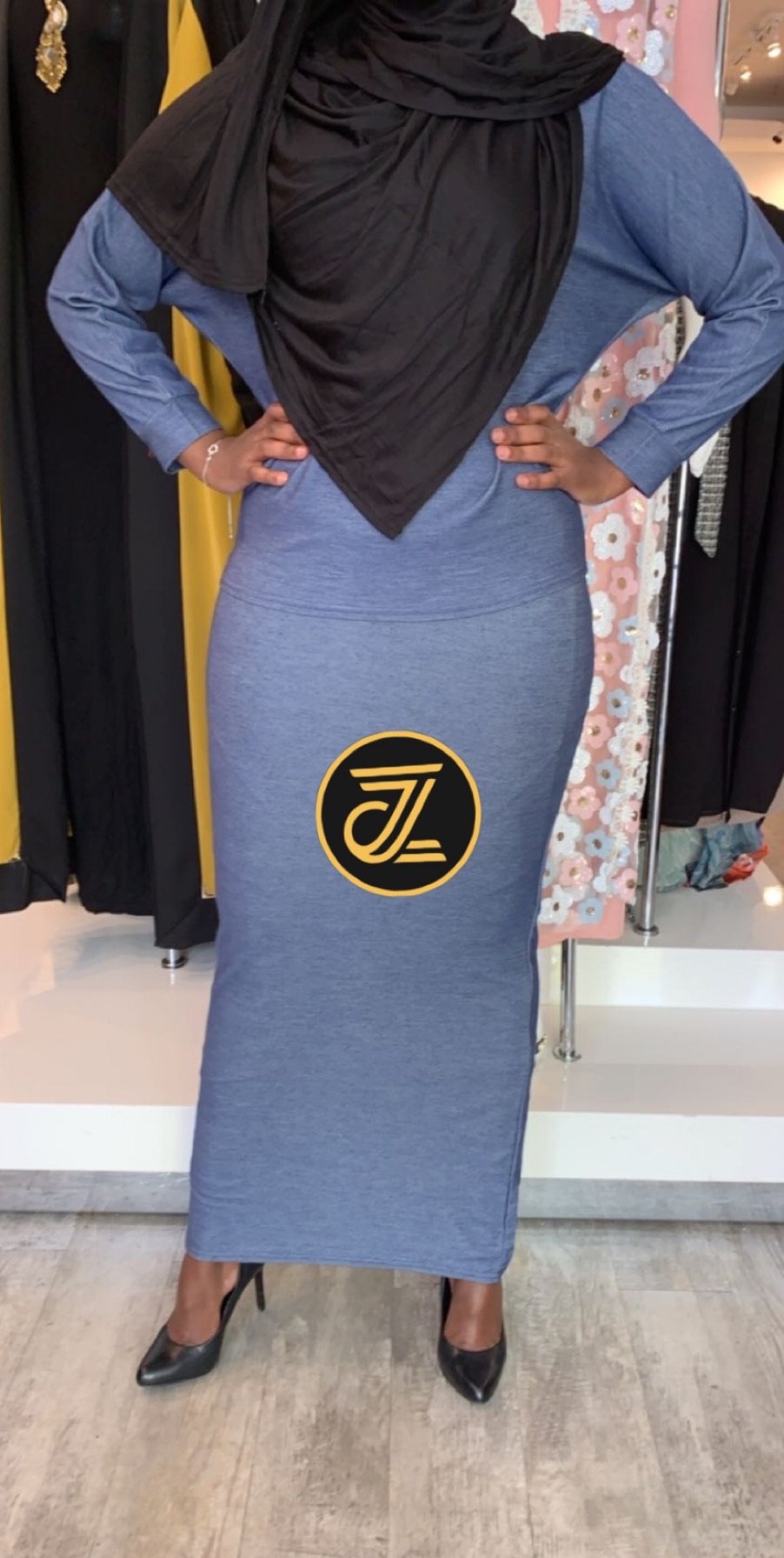 ZIZI light sweater and skirt set in blue with long sleeves and ankle-length skirt styled with black heels