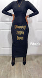 Long Sleeve Shimmery Bodycon Zipper Maxi Dress in Black with a figure-hugging silhouette