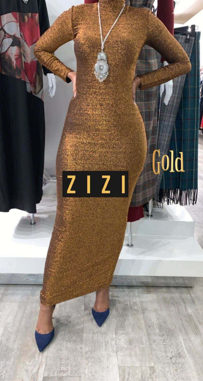Long Sleeve Shimmery Bodycon Zipper Maxi Dress in Gold from ZIZI Boutique, perfect for elegant occasions