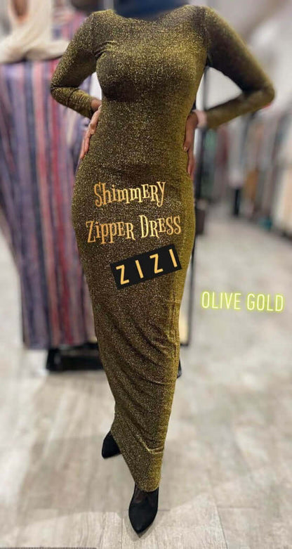 Long Sleeve Shimmery Bodycon Zipper Maxi Dress in Olive Gold from ZIZI Boutique