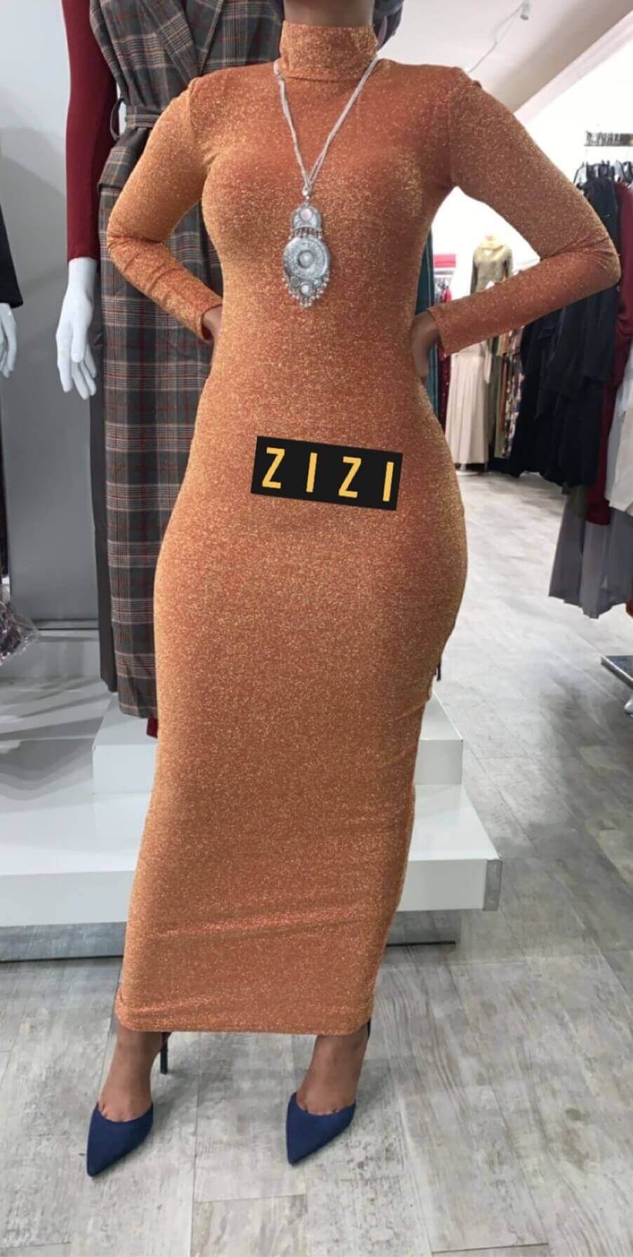 Long Sleeve Shimmery Bodycon Zipper Maxi Dress in Orange with a Sleek Fit and Stylish Accessories