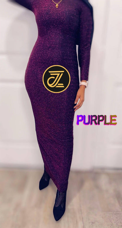 Long Sleeve Shimmery Bodycon Zipper Maxi Dress in Purple from ZIZI Boutique for elegant occasions