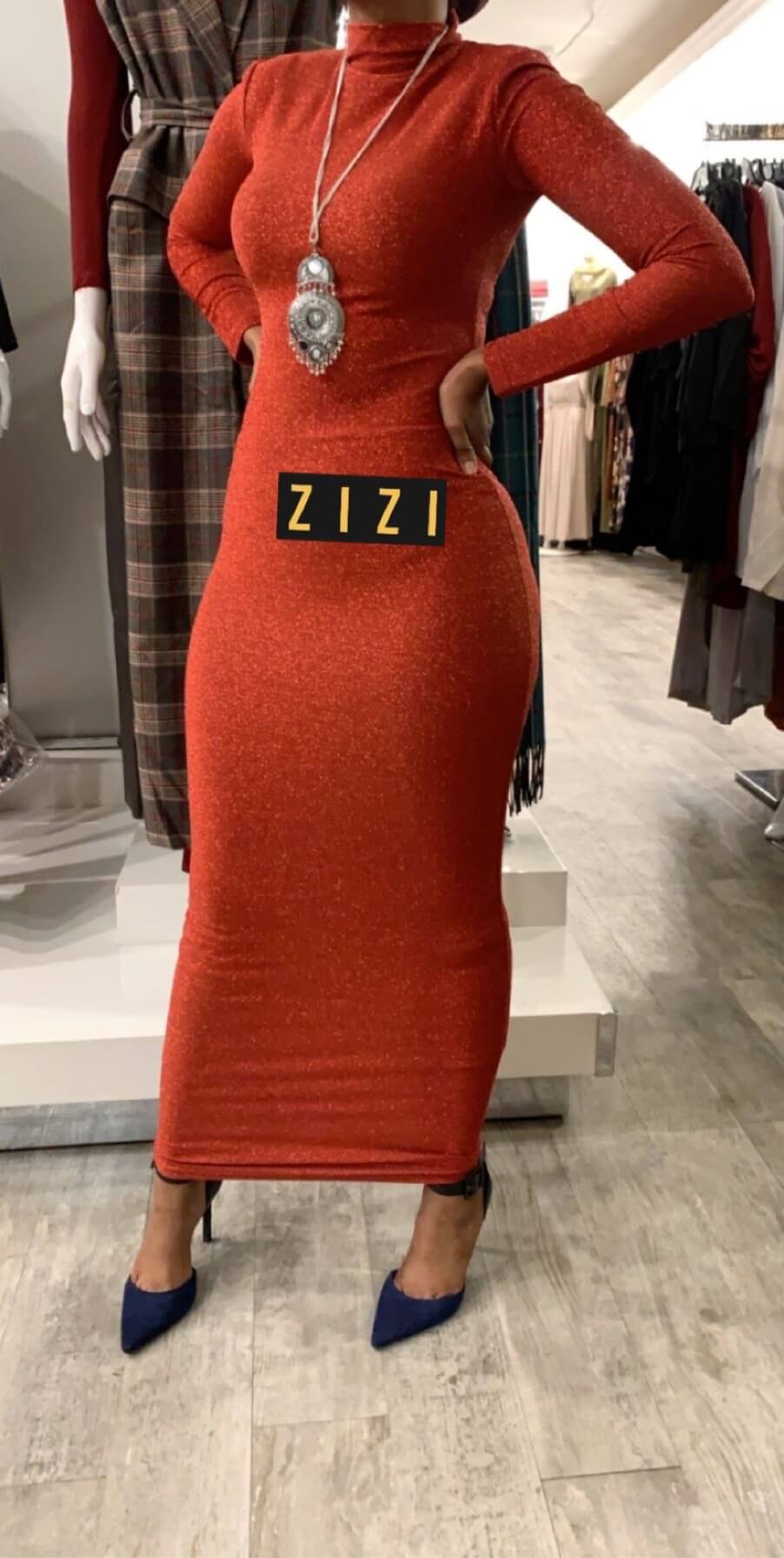 Long Sleeve Shimmery Bodycon Zipper Maxi Dress in vibrant orange with a sleek fit and stylish accessories