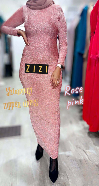 Long Sleeve Shimmery Bodycon Zipper Maxi Dress in Rose Pink from ZIZI Boutique