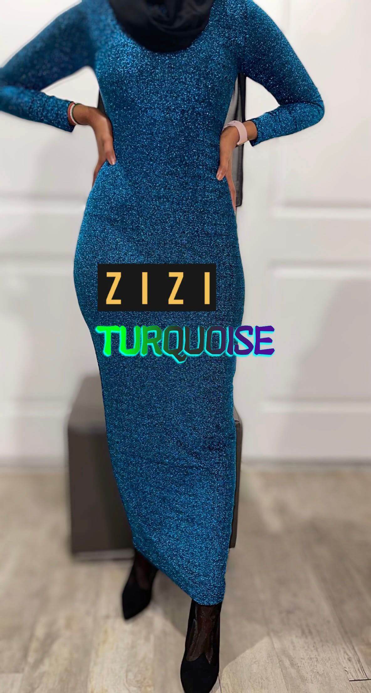 Long Sleeve Shimmery Bodycon Zipper Maxi Dress in Turquoise from ZIZI Boutique, perfect for parties