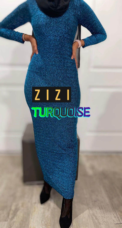 Long Sleeve Shimmery Bodycon Zipper Maxi Dress in Turquoise from ZIZI Boutique, perfect for parties