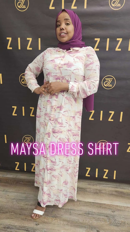 ZIZI Boutique Maysa Print Dress maxi dress with pink floral pattern worn by woman with purple hijab