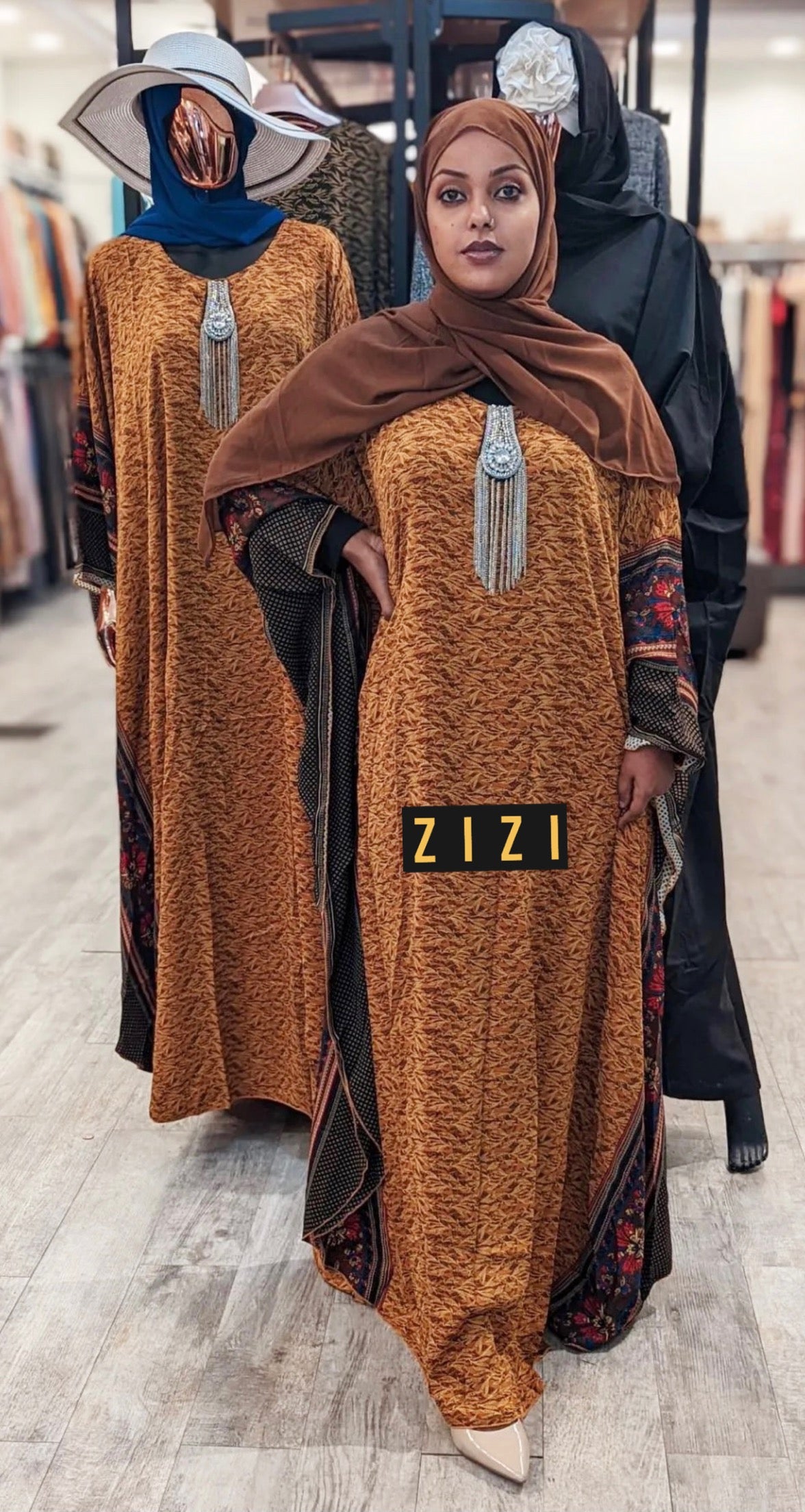 Modest butterfly print dress by ZIZI featuring rich colors and elegant design for casual or formal wear