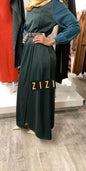 ZIZI Boutique Green Modest Lace Dress with Long Sleeves and Waist Belt