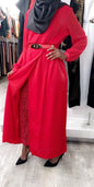 ZIZI Boutique Modest Lace Dress in Red with a Stylish Belt and Elegant Long Sleeves