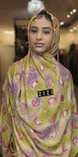 ZIZI Paisley Print Print Hijab Mustard Lime and Lavender scarf worn by model