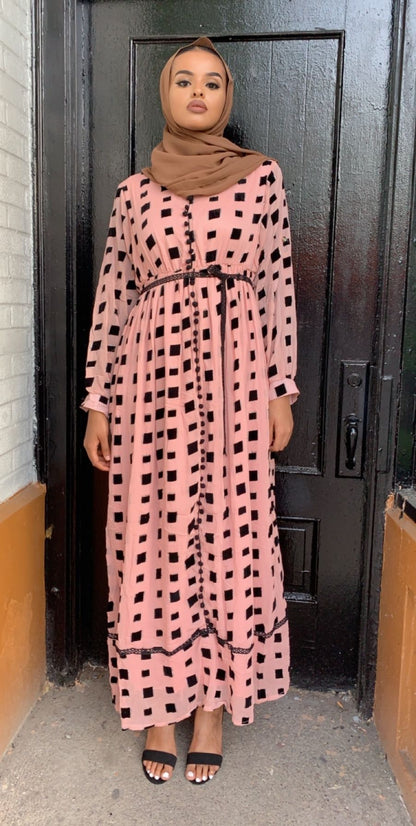 ZIZI Maxi Dress in Pink with Black Square Patterns and a Belted Waist for Elegant Occasion Wear
