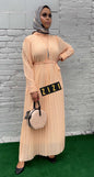ZIZI Pleated Solid Color Chiffon Modest Maxi Dress in Soft Peach with a Stylish Handbag