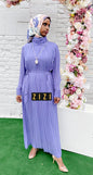 ZIZI Pleated Solid Color Chiffon Modest Maxi Dress in Lavender with Long Sleeves and Belted Waist