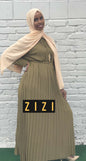 ZIZI Pleated Solid Color Chiffon Modest Maxi Dress in Olive Green with Elegant Neckline