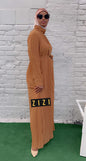 ZIZI Pleated Solid Color Chiffon Modest Maxi Dress in Warm Tan with Long Sleeves and Belt