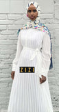 ZIZI Pleated Solid Color Chiffon Modest Maxi Dress with Belted Waist and Long Sleeves