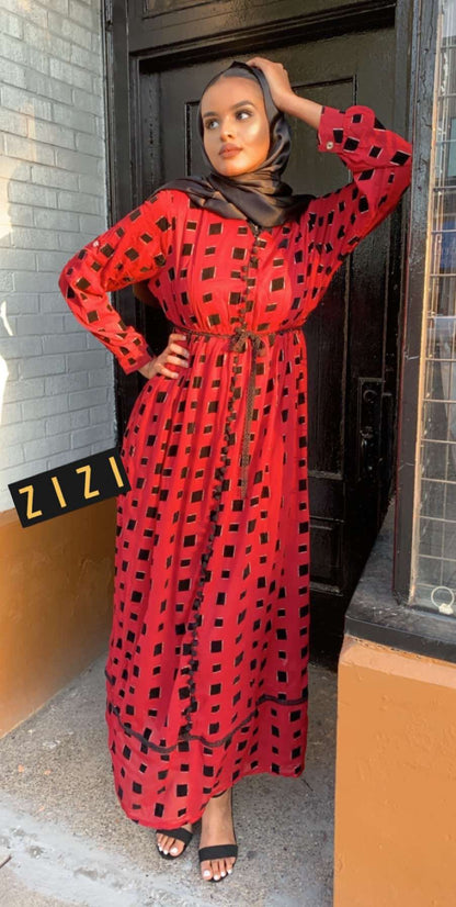 Red ZIZI Maxi Dress with Black Square Patterns and Belted Waist for Chic Summer Style