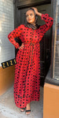 Red ZIZI Maxi Dress with Black Square Patterns and Belted Waist for Chic Summer Style