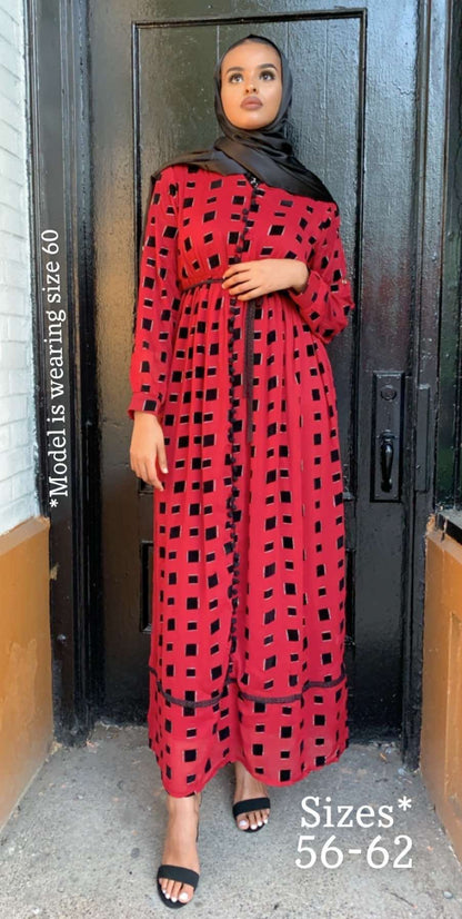 ZIZI Red Maxi Dress Featuring Black Checkered Print with Long Sleeves and Flowy Skirt