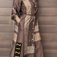 Woman wearing a brown Satin Silk Maxi Print Dress Shirt with button details and a waist belt