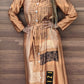 ZIZI Boutique Satin Silk Maxi Print Dress Shirt in bronze with button front and waist tie