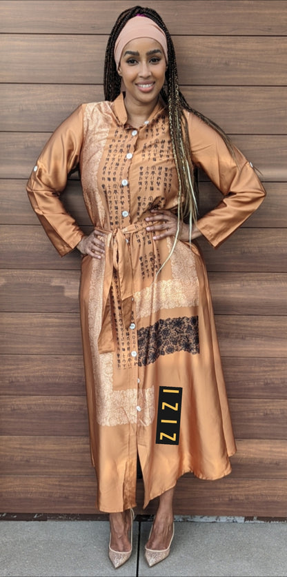 ZIZI Boutique Satin Silk Maxi Print Dress Shirt in bronze with button front and waist tie