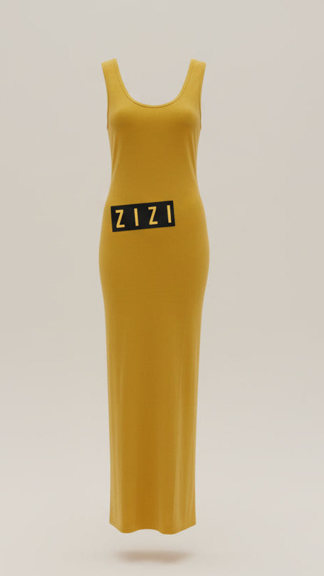 Sleeveless Bodycon Cotton Jersey Maxi Dress in mustard yellow displayed on a mannequin at ZIZI Boutique
