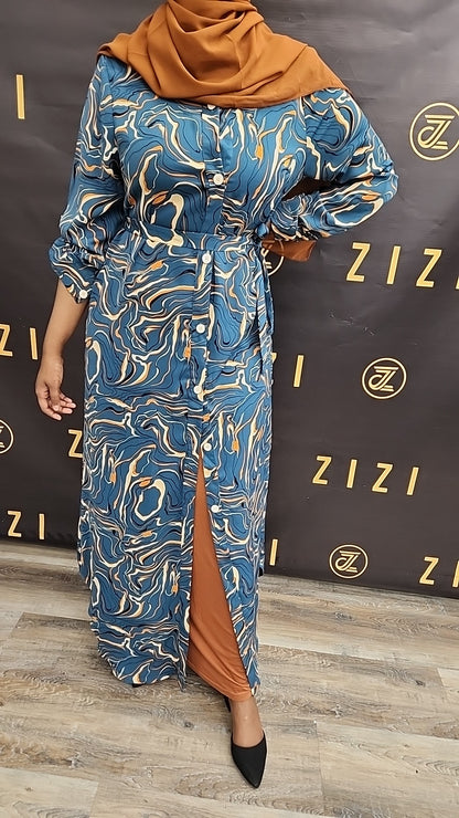 ZIZI Boutique Swirls Maxi Print Dress Shirt in blue with white and tan swirls and front buttons