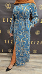 ZIZI Boutique Swirls Maxi Print Dress Shirt with long sleeves and a waist tie in blue and orange colors