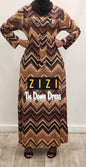 ZIZI Boutique Tie Down Print Modest Maxi Dress in Chevron Pattern with Long Sleeves