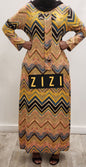 ZIZI Boutique Tie Down Print Modest Maxi Dress with Long Sleeves and Chevron Pattern