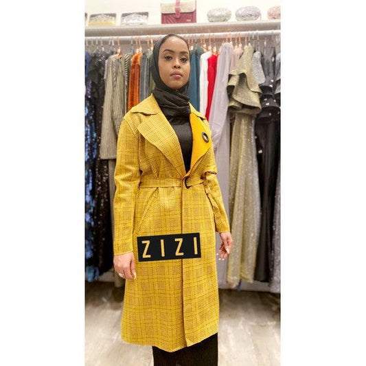 ZIZI women's trench coat sale in yellow plaid with stylish belt and tailored fit