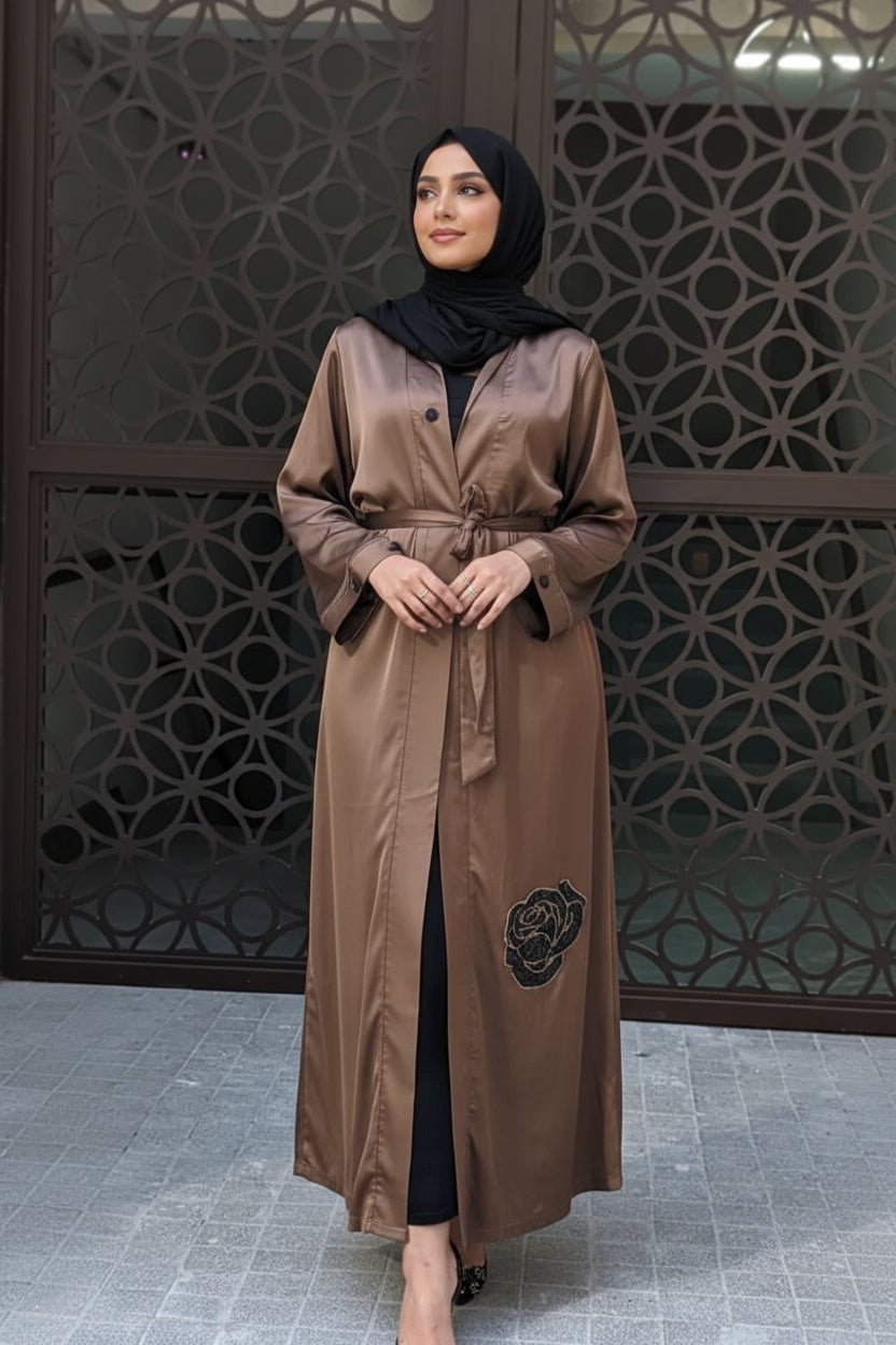 ZZ Satin Flower Kimono — Chocolate Brown - ZIZI Boutique