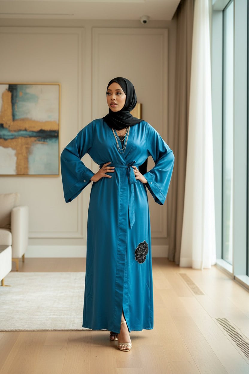 ZZ Satin Flower Kimono — Turquoise - ZIZI Boutique