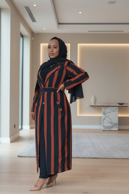 ZZ Striped Long Coat — Belted Modest Outerwear Full Length | ZIZI Boutique - ZIZI Boutique